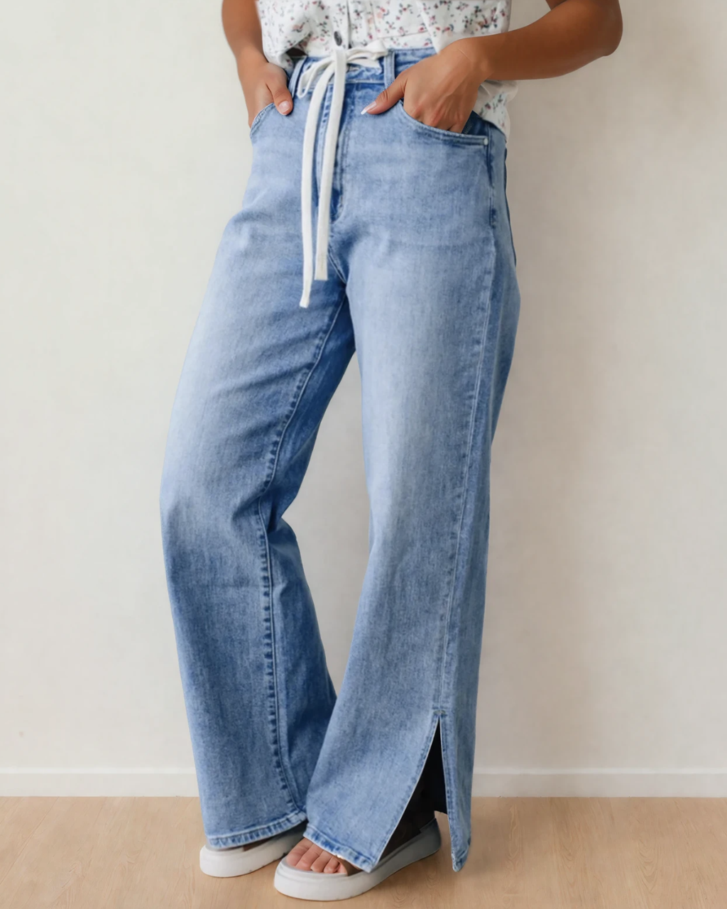 Calypso Side Slit High Rise Drawstring Jeans