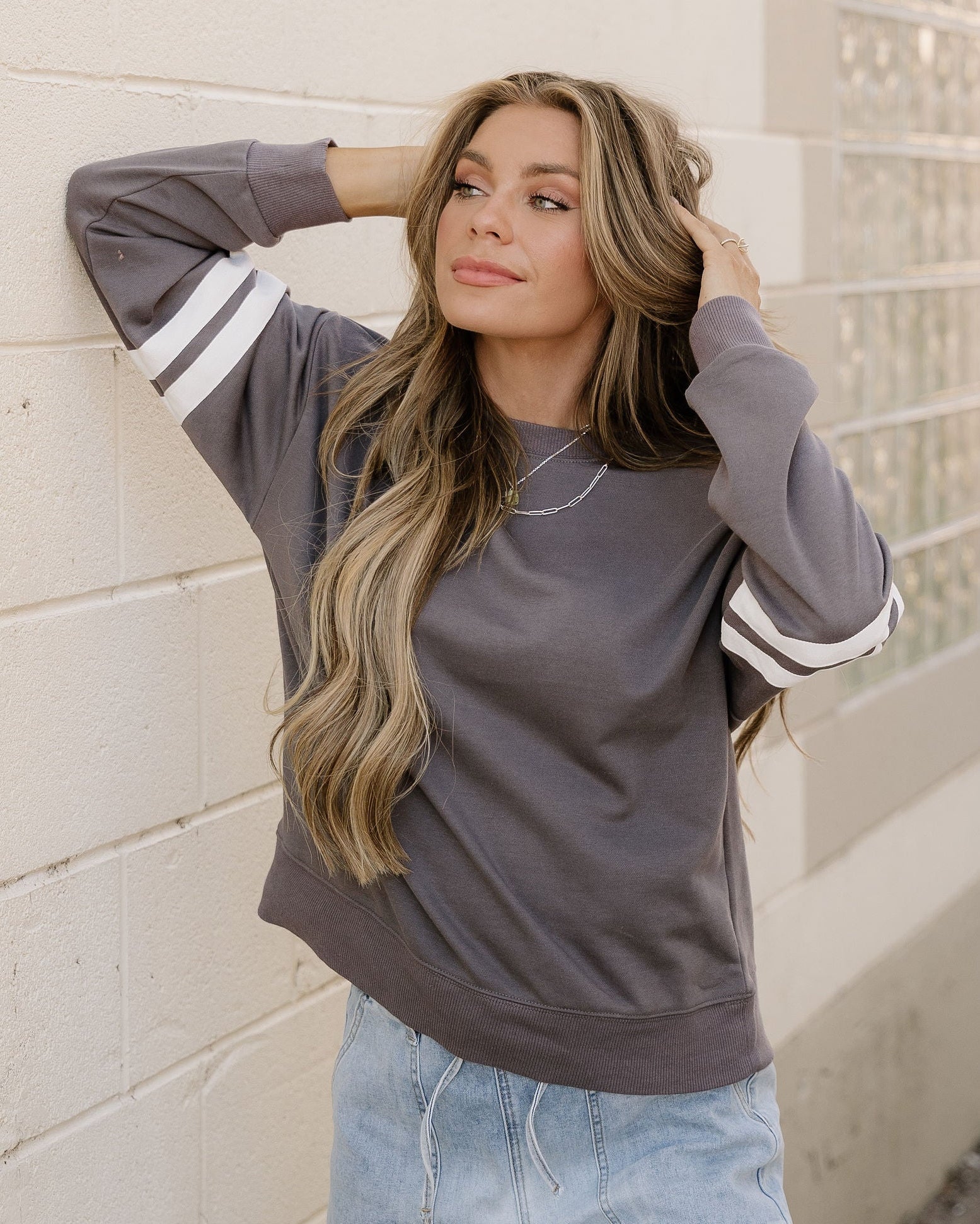 Varsity Striped Sleeve Loose Sweatshirt