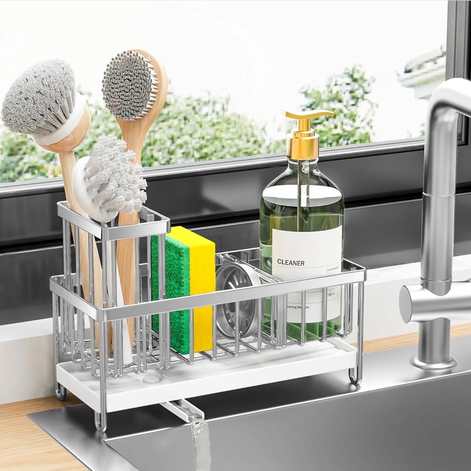 Cisily Premium Silver Sponge Holder - Stylish Sink Caddy Organizer with Brush Holder, Rustproof 304 Stainless Steel, Perfect for Kitchen Countertop Storage and Soap Dispensing